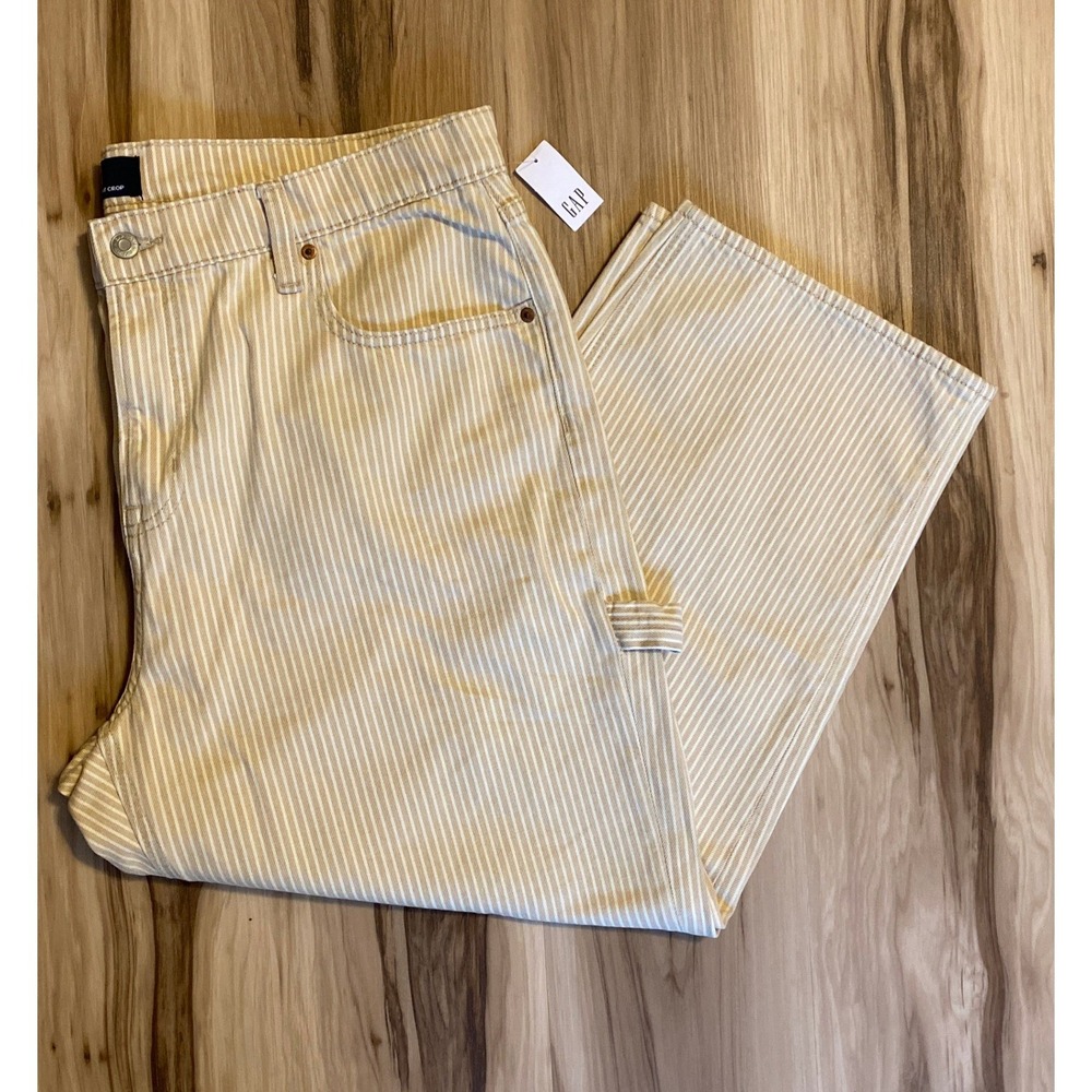Gap Supersoft Relaxed Straight Crop Khaki Hickory Stripe Utility Pants 18/34R
